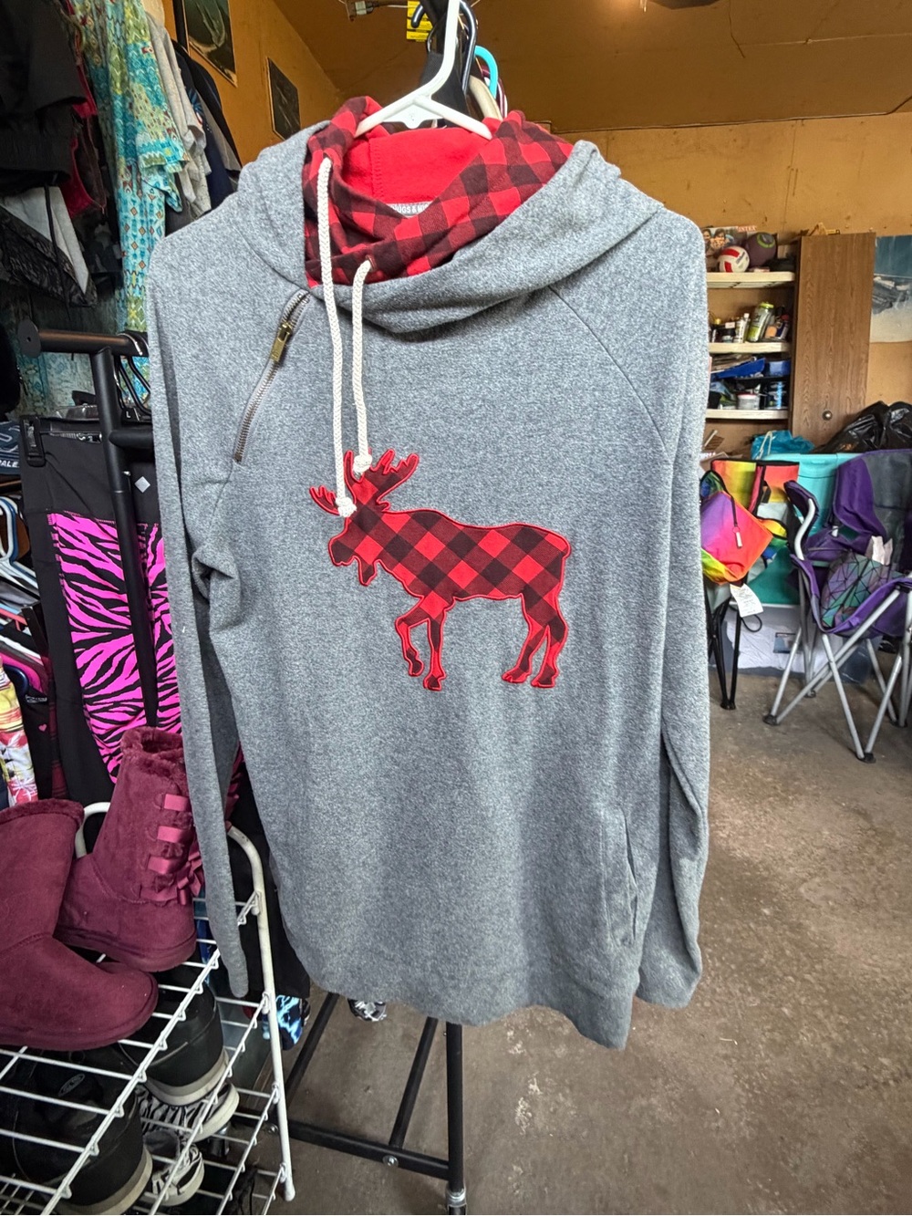 Gray Hooded Sweater with Red Plaid Moose Accent